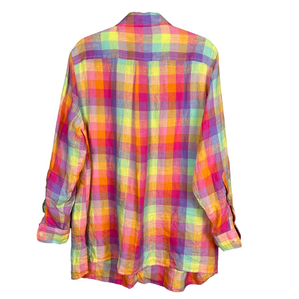 Lands End Linen Shirt Womens 1X Rainbow Madras Plaid Button Down Colorful Preppy - Picture 7 of 11
